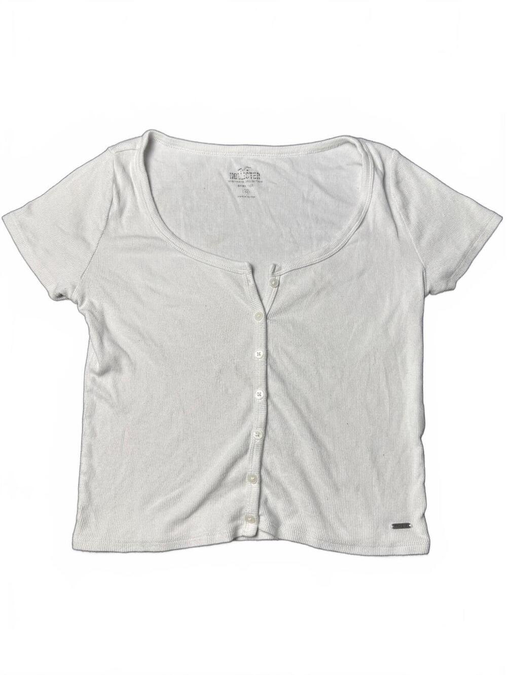 Hollister Women's White Button-Up Baby Tee Shirt Medium